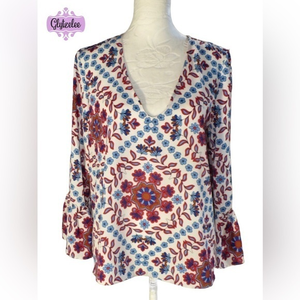 𝅺adrienne Vittadini Boho Mandala Print Blouse Ruffle Sleeves‎ Women’s Size S